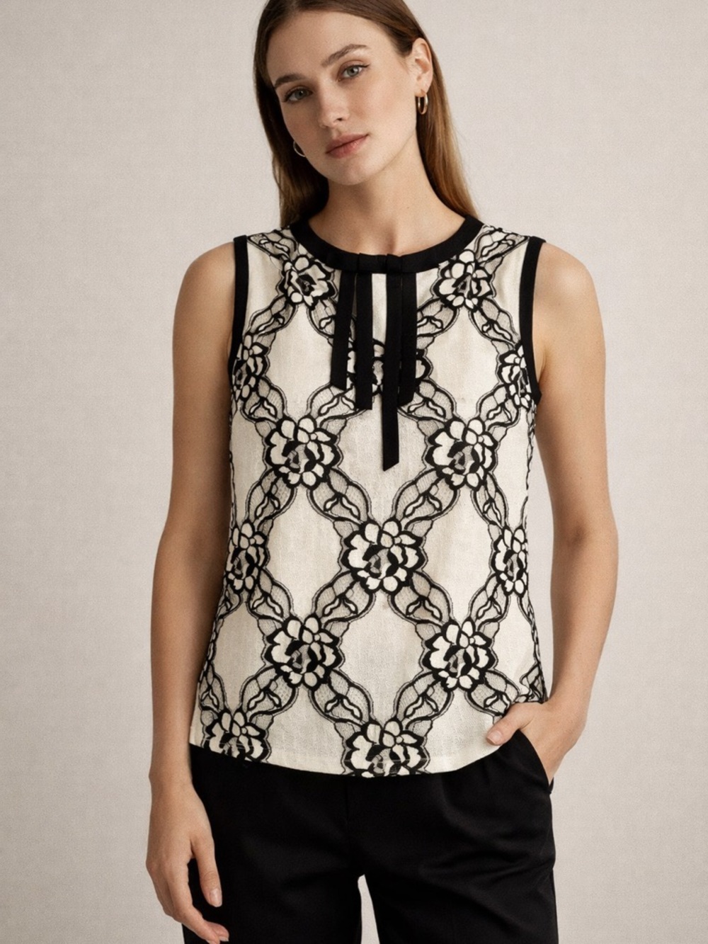 Karl Lagerfeld Paris Lace Blouse Black & Cream Sleeveless Bow Detail Size S